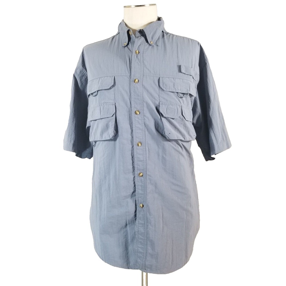 Bimini Bay Button-Up Men Large Blue Fishing Shirt Short Sleeve Nylon Vented Back